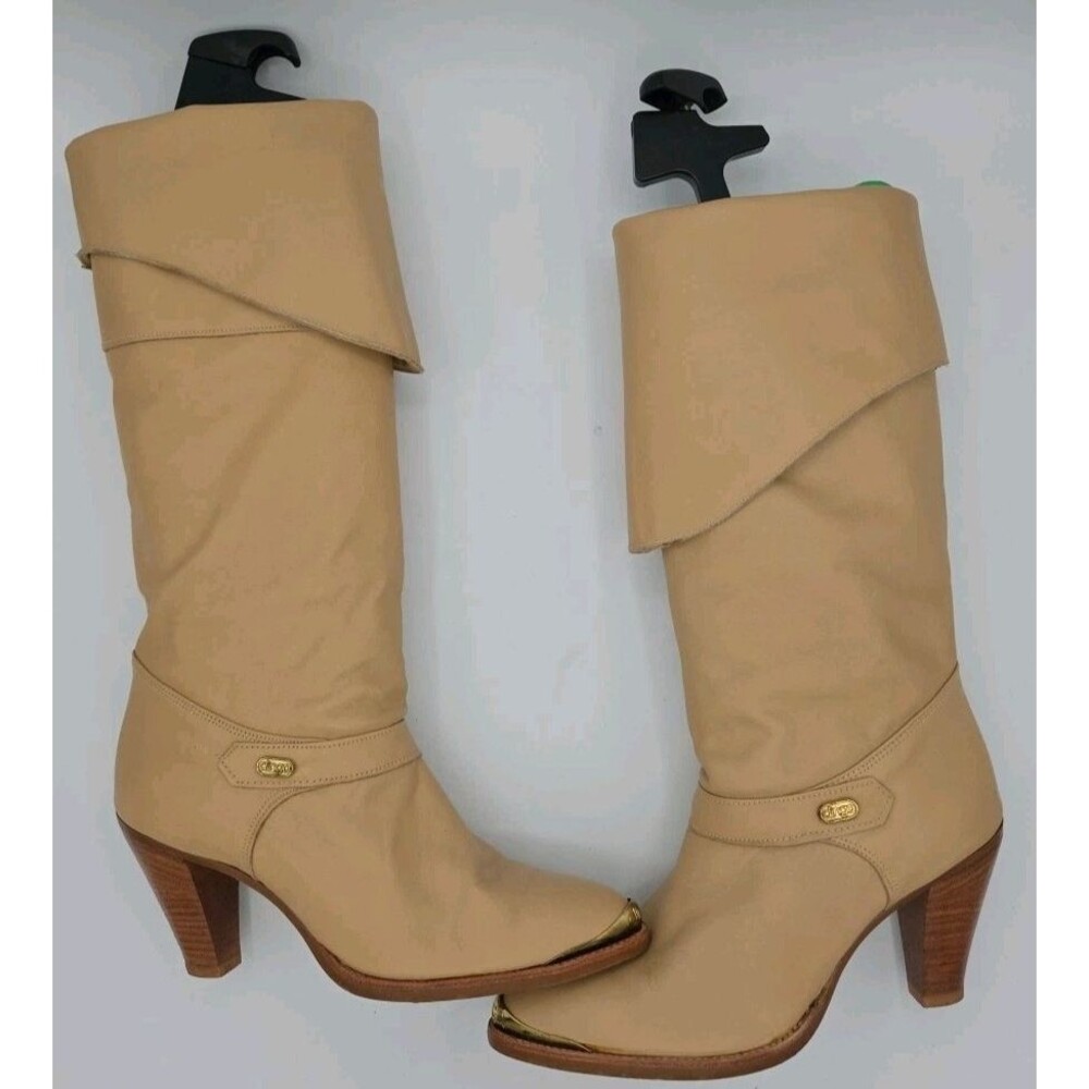 Dingo 70'S Sz 9 Beige Leather Mid Calf or Knee High Boots with Gold Kickplates